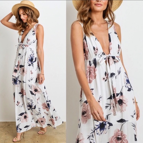 Tie Front Floral Maxi Dress White - Picture 3 of 8